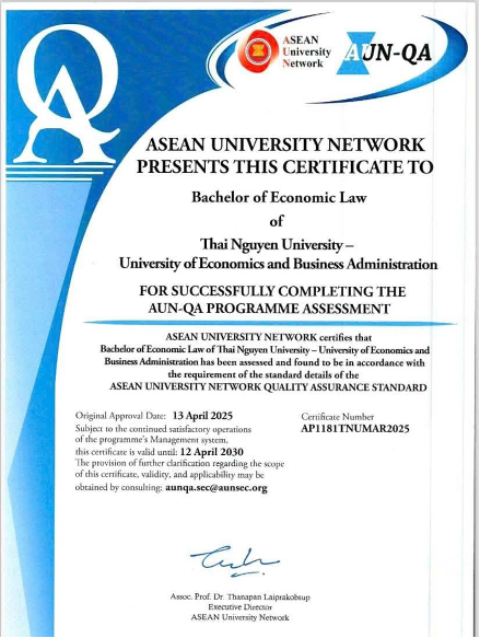 Giấy chứng nhận kiểm định quốc tế AUN-QR (bộ tiêu chuẩn uy tín hàng đầu Đông Nam Á dành cho các trường đại học chất lượng cao)